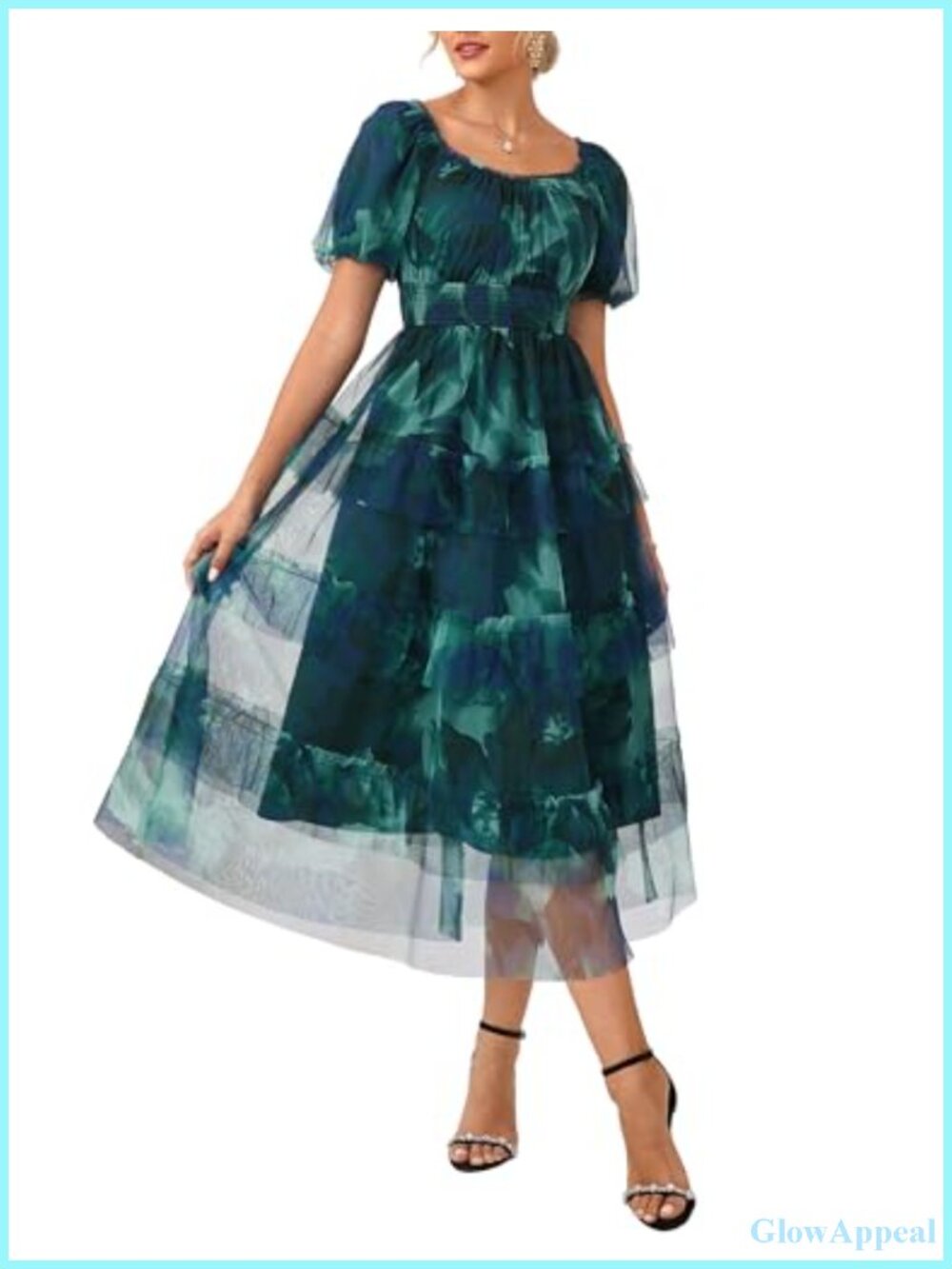 Floral Puff Sleeve Smocked Midi Dress Square Neck Mesh Flowy Wedding Guest - Picture 1 of 6